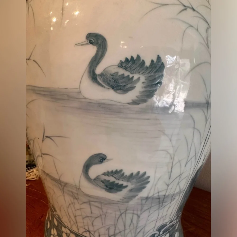 Maitland Smith Teal and White Ceramic Ginger Jar with Lid